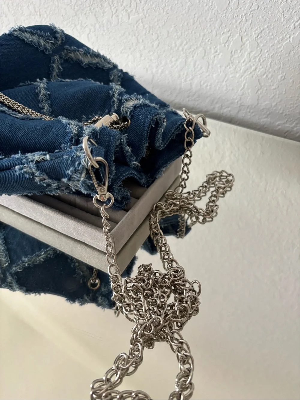 Denim Bucket Bag Frayed Patchwork Silver Chain Crossbody Shoulder Purse Blue